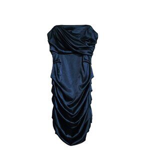 LE CHATEAU Teal Blue Satin Strapless Rouched Midi Cocktail Dress Size Small